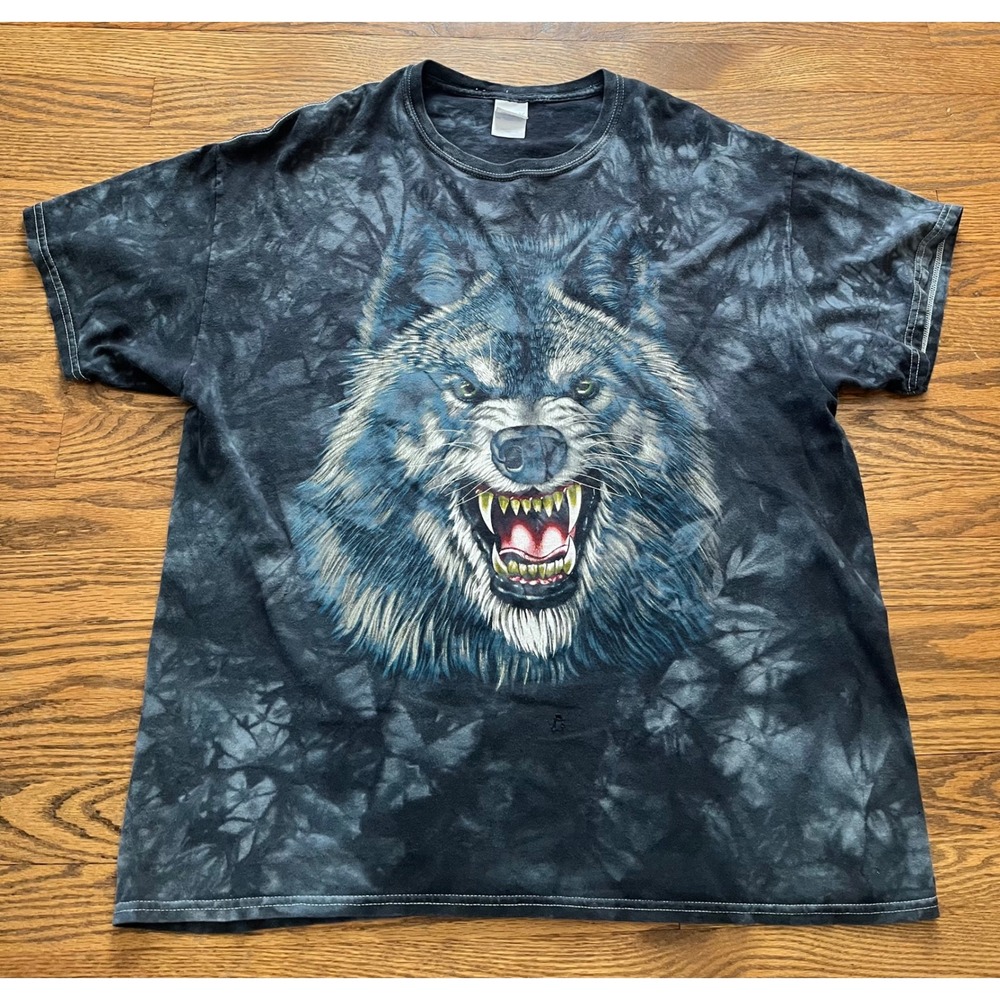 Gildan Heavy Cotton Wolf Graphic Tie Dye T-Shirt Mens XL Grey Black Snarling